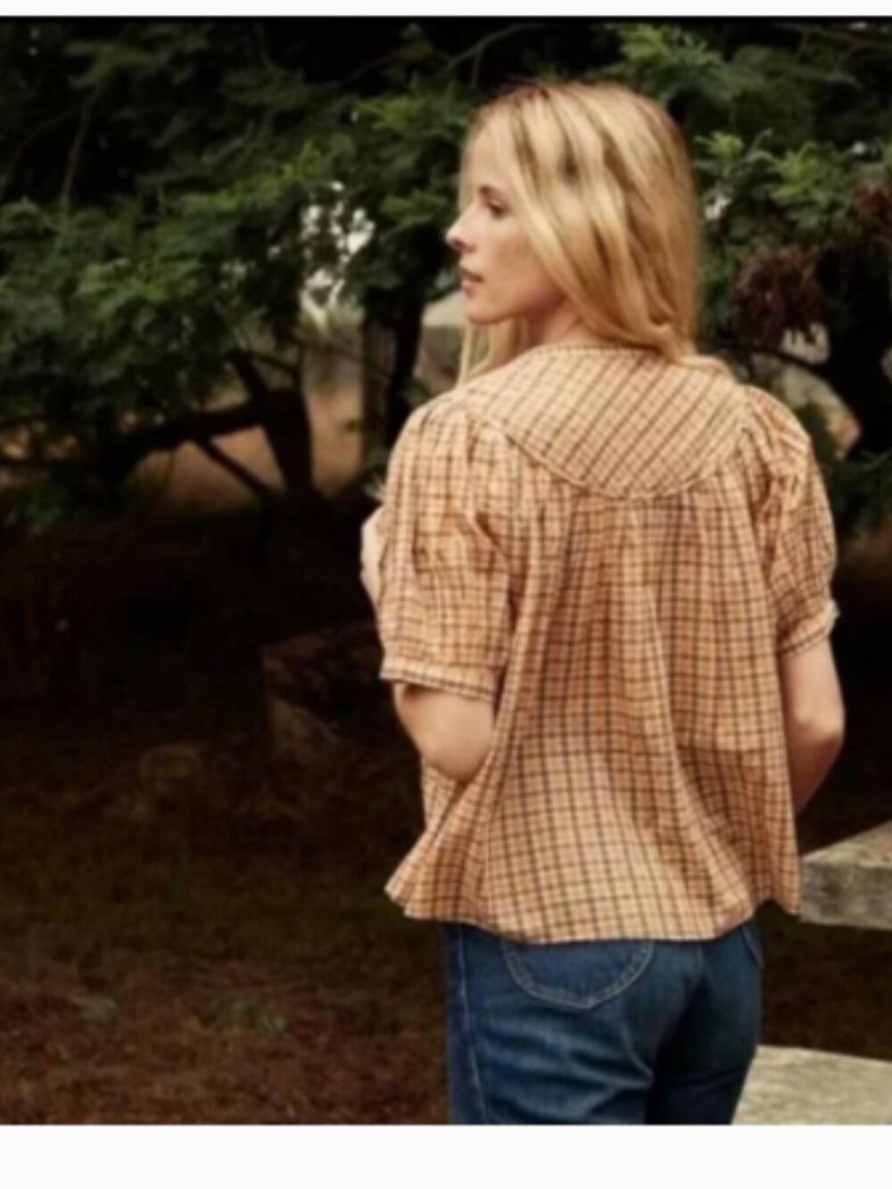 Doen Brenna Blouse in Orange Meringue Plaid Puff Sleeves Button Front Sz XS - Picture 2 of 6